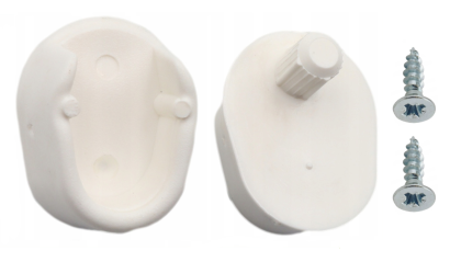 Zestaw wsporników drążka meblowego owalnego – biały, tworzywo, bolec + wkręty.