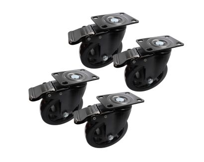 Zestaw 4 kółek obrotowych Ø 100 mm z hamulcem – gumowane, łożyskowane, podstawa 63 × 94 mm.