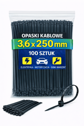 Opaski zaciskowe 3,6 × 250 mm czarne – trytytki kablowe nylon PA – 100 szt.