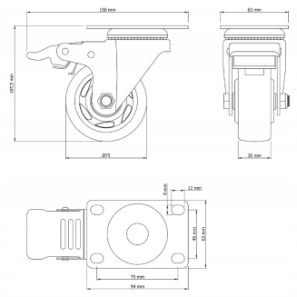 Zestaw 8 kółek obrotowych Ø 75 mm z hamulcem – gumowane, łożyskowane, podstawa 63 × 94 mm. - 5