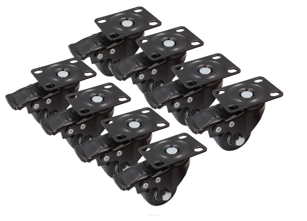 Zestaw 8 kółek obrotowych Ø 75 mm z hamulcem – gumowane, łożyskowane, podstawa 63 × 94 mm.