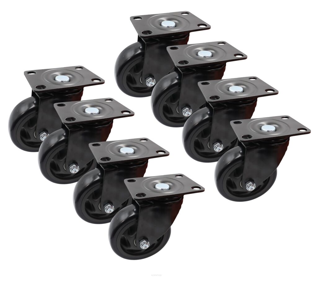 Zestaw 8 kółek obrotowych Ø 100 mm – gumowane, łożyskowane, podstawa 63 × 94 mm (bez hamulca)