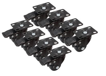 Zestaw 8 kółek obrotowych Ø 40 mm z hamulcem – gumowane, łożyskowane, podstawa 43 × 60 mm.